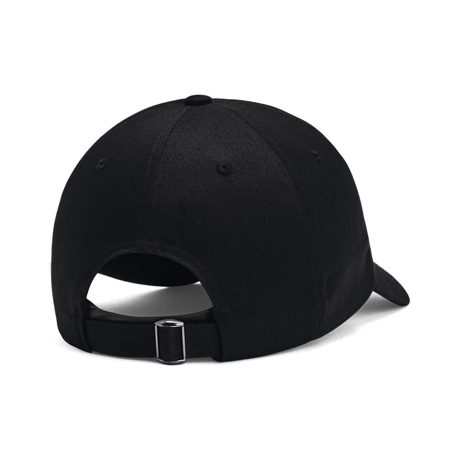 Vista traseira do boné Under Armour Branded Hat preto unissex com fivela metálica ajustável
